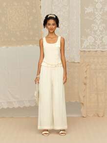 SHEIN MOD Apricot Crochet Material Round Neck Floral Decor Top - Apricot - View 6