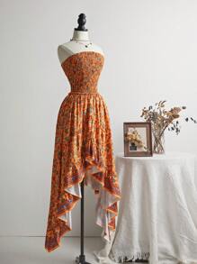 SHEIN Unity Damen-Urlaubskleid mit Pflanzen Muster und Neckholder und asymmetrischem Saum