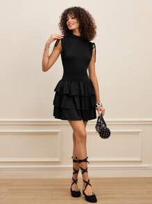 SHEIN MOD Women's Black Multi-Layer Cake Shoulder Drawstring Sleeveless Mini Dress - Black - View 3