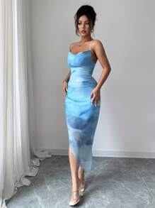 Rafferiza 女式印花褶皱高开衩长裙 - 淺藍色 - 查看 6