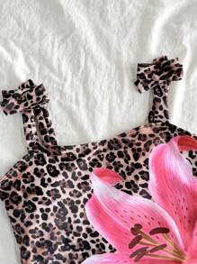 SHEIN Tween Girl Leopard Print & Floral Casual Vacation One-Piece Swimsuit