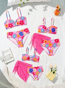 3pcs/Set Girls Floral Random Print Beach Vacation Swimwear, Summer - Pink - View 7