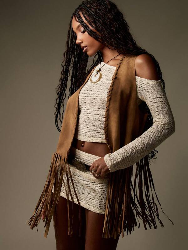 MISSGUIDED Western Suede Fringe Vest Boho Festival Waistcoat Fall Winter Long Length Gillet Sleeveless Layering Piece Style Desert Fashion