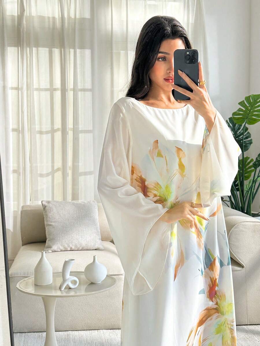 SHEIN Najma Elegant Floral Print Flare Sleeve Dress