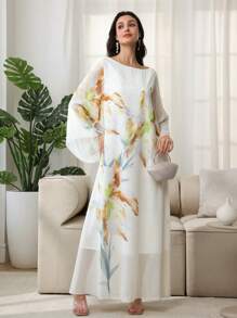 SHEIN Najma Elegant Floral Print Flare Sleeve Dress