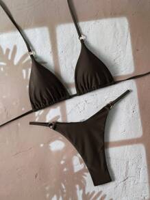 Swim Vcay Women 2pcs/Set Casual Vacation Solid Halter Neck Tie Bikini Top And Bottoms For Summer