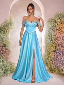 Glamrae Elegante y lujoso vestido de noche para mujeres con efecto degradado azul marino, adornado con strass, hombros descubiertos, abertura lateral sexy y dobladillo oversize; apto para eventos formales de noche - Celeste - Ver 7