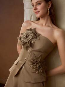 MOTF PREMIUM ملابس علوية مزينة بأزهار خرزية ثلاثية الأبعاد أنيقة للنساء - كاكي - مشاهدة 1