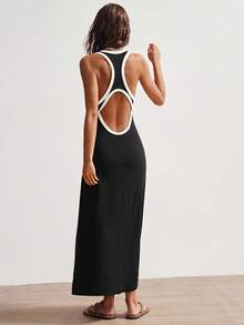 Bohemela Vestido ajustado de punto con bloques de color y espalda descubierta, estilo informal de vacaciones para mujeres - Blanco y Negro - Ver 6