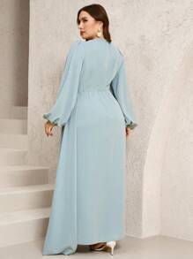 Veilorie Plus Size Women Elegant Simple Solid Color Lantern Sleeve Draped Front Waisted Dress - Green - View 2