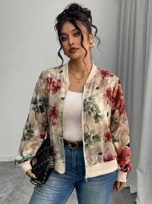 Elenzga Women's Plus Size Apricot Floral Bomber Jacket, Featuring A Casual Baseball Collar, Zipper Closure, And Long Sleeves In A Lightweight Woven Fabric, Perfect Short Outerwear. Fall Winter Cloth For Women Autumn - Apricot - View 5