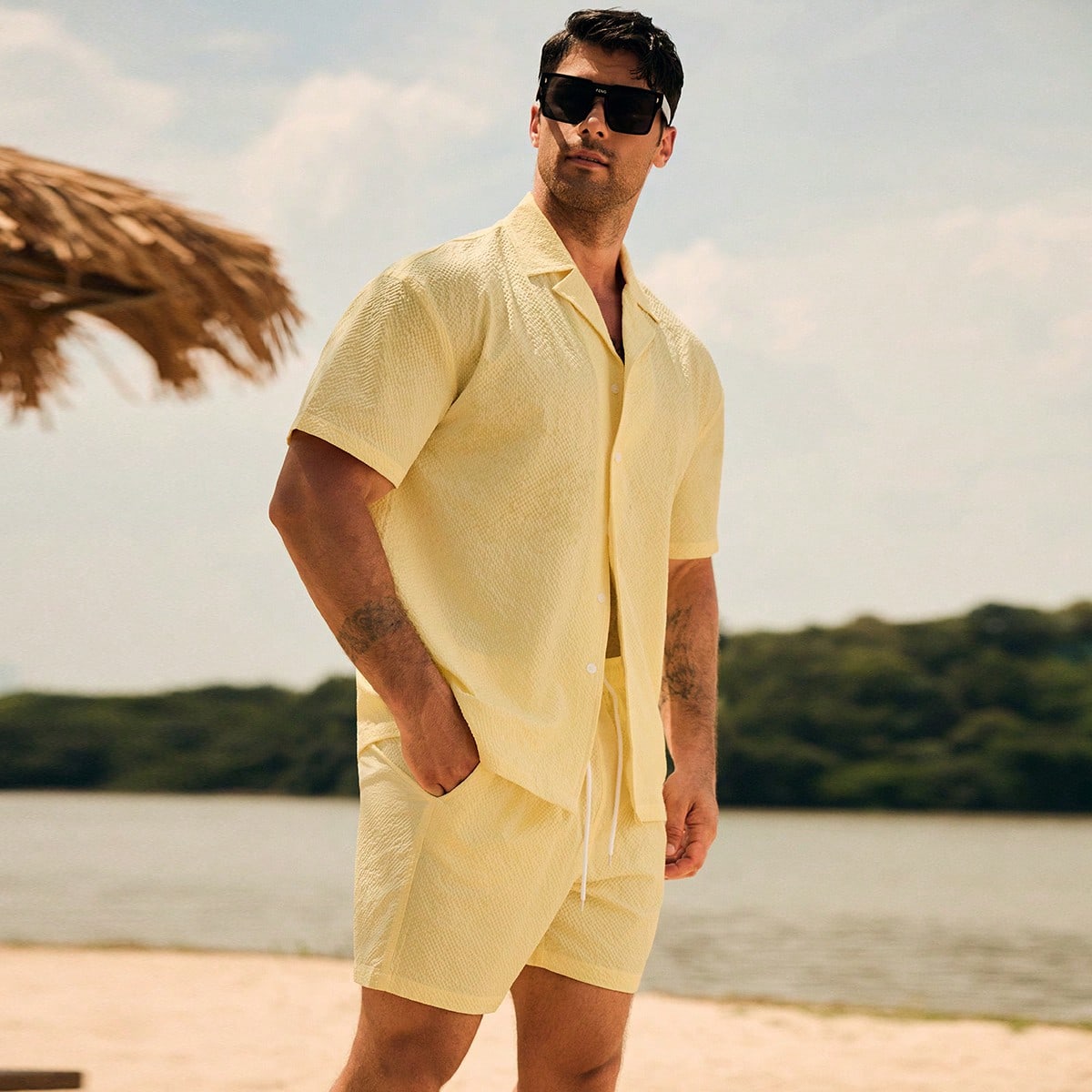 Conjunto de camisa de manga corta de un solo color con botones y pantalones cortos para hombre, conjunto de playa para hombre, atuendo de Cancún para