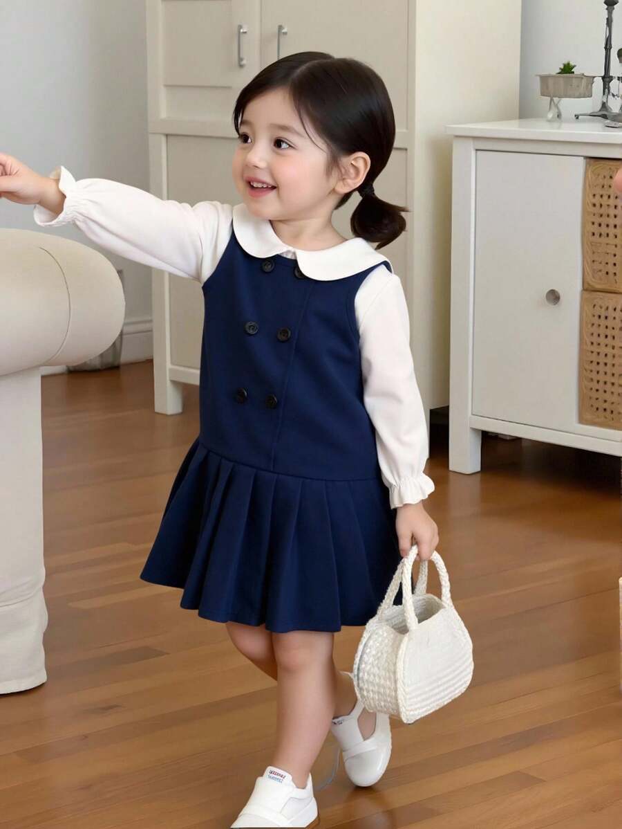 Souflis Souflis 女嬰可愛學院風服裝套裝 2件組 純色甜美彼得潘領荷葉袖白色襯衫搭配海軍藍雙排扣百褶吊帶背心裙 - 彩色 - 查看 1