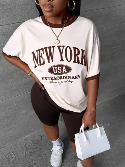 Slaydiva New York USA Letter Graphic Tee + Solid Brown Pants 2pcs Set, Casual Outfit Suitable For Summer