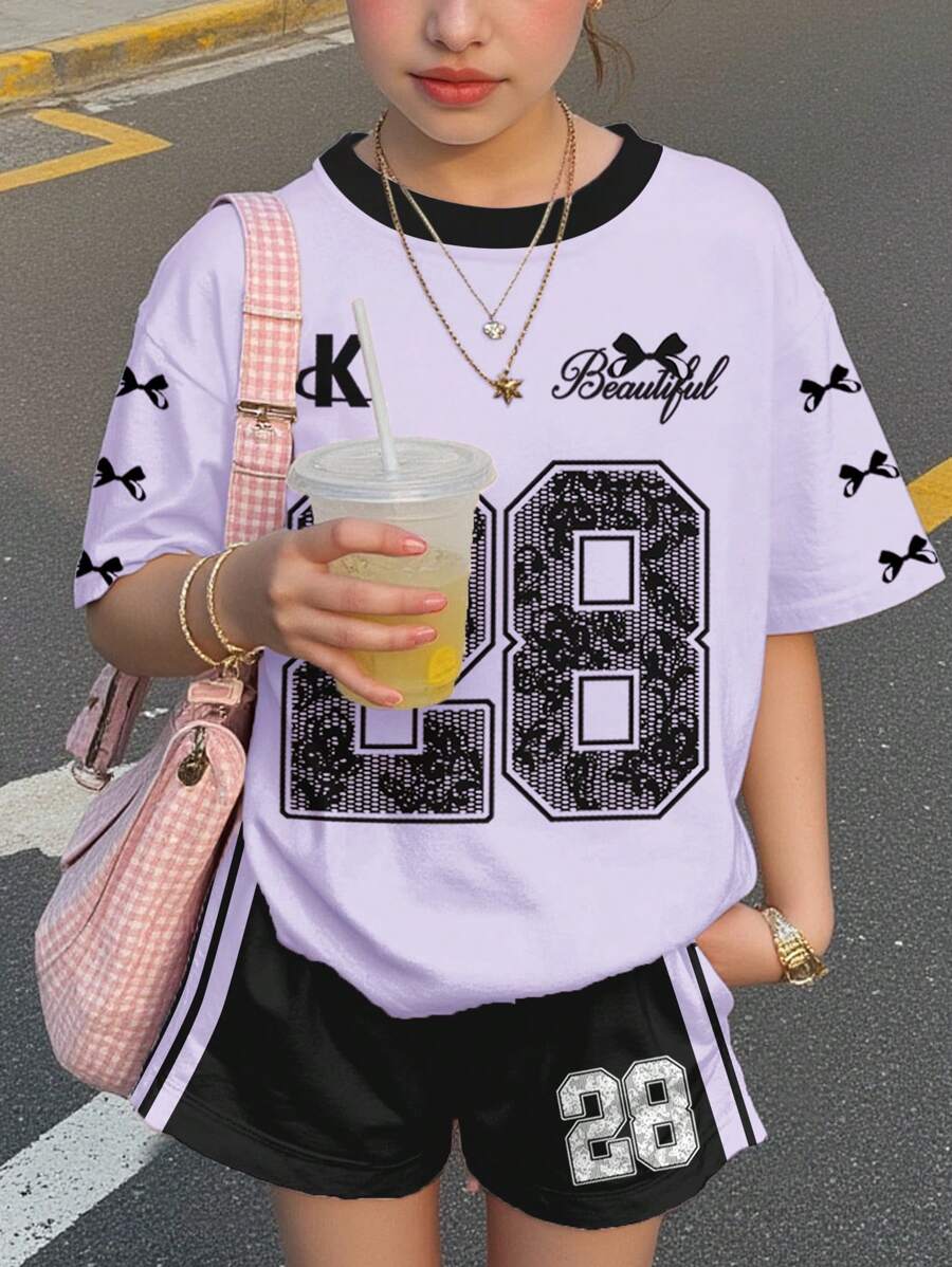 SHEIN 2pcs Tween Girls Casual Minimalist Short Sleeve Top And Shorts Set, Suitable For Summer - Multicolor - View 1