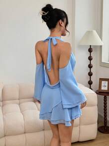 INAWLY Women's Light Blue Summer Chic Party Night Halter Draped Open Back Long Sleeve Dress,Flattering Pear Apple Shape Friendly Body Inclusive Slim - Blue - View 2