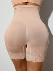 SHEIN 1 件女式纯色对比蕾丝前开合束腰收腹提臀无缝塑身瘦身内裤高腰紧身平腹塑身裤 - 杏色 - 查看 3