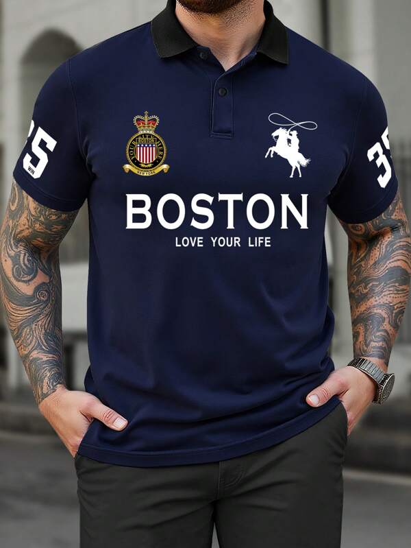 Manfinity Homme 大码男士夏季标语印花短袖休闲 Polo 衫，适合办公室和日常穿着，图形色块高尔夫 Polo 衫