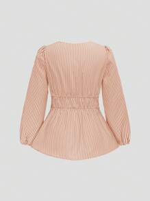 Sweetra Áo peplum cổ chữ V sâu buộc phía trước cho nữ mùa xuân thu thường ngày họa tiết sọc tay đèn lồng cỡ lớn - trái cam - Xem 2