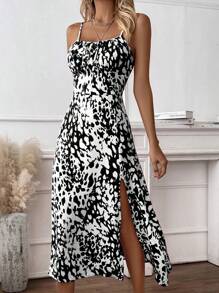 SHEIN Clasi Đầm yếm hở gấu in họa tiết mùa hè cho nữ - Đen và trắng - Xem 6