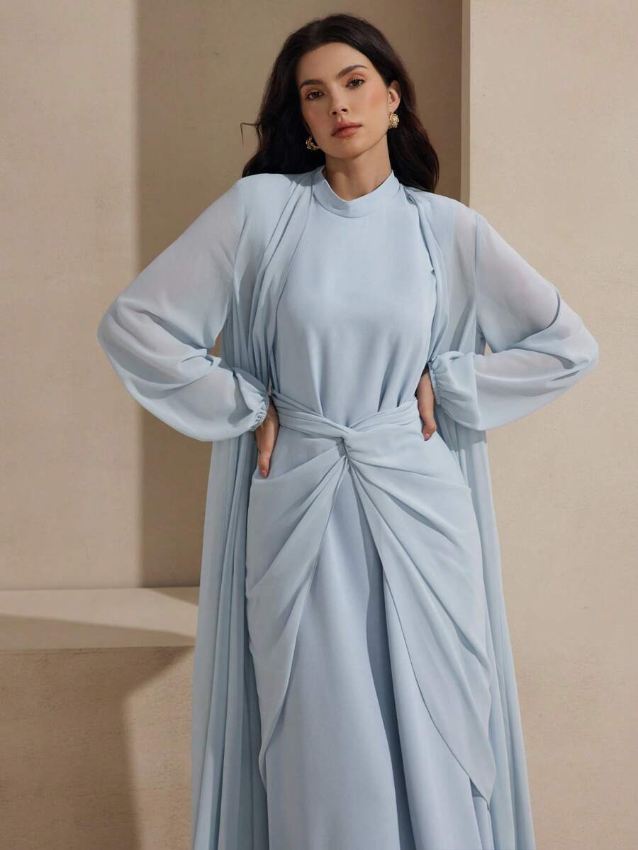 Graceveil Solid Color Elegant Wrap Waist Dress With Open Front Long Sleeve Cardigan Fall Cloth For Women - Blue - View 1