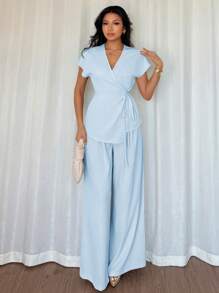 Elenzga 女士优雅裹身蝙蝠袖上衣+宽腿宽松裤两件套，雪纺，适合外出、约会、度假，米色