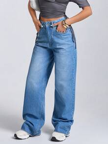 EURMUSE Gerade geschnittene, hochgeschnittene Jeans mit einfarbiger Schrägttasche, Lässig - Mittele Waschung - Übersicht 6