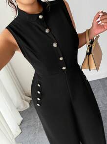 Elenzga Mono elegante de mujer de Elenzga Plus con cuello alto, botones decorativos y sin mangas, unicolor