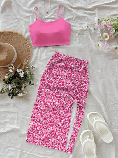 Soleia Set de 2 piezas de top corto sin mangas con estampado floral de verano y minifalda para mujer, informal