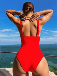 Swim Vcay 1件条纹特殊面料交叉连体泳衣 - 紅色 - 查看 2