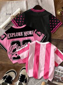 Bộ 3 áo thun cổ tròn tay ngắn phong cách đường phố retro thể thao cho bé gái, họa tiết thỏ, hoa, số 23 và sọc, phù hợp cho mùa hè, màu hồng phấn và đen, trở lại trường, mùa hè, thoải mái dễ chịu, nhiều lớp quần áo mùa thu cho trẻ em, trẻ em sành điệu, trang phục thường ngày, quần áo họa tiết trẻ em, quần áo mùa thu áo thun hồng cho bé gái áo thun hồng cho bé gái áo thun hồng cho bé gái - Nhiều màu - Xem 2