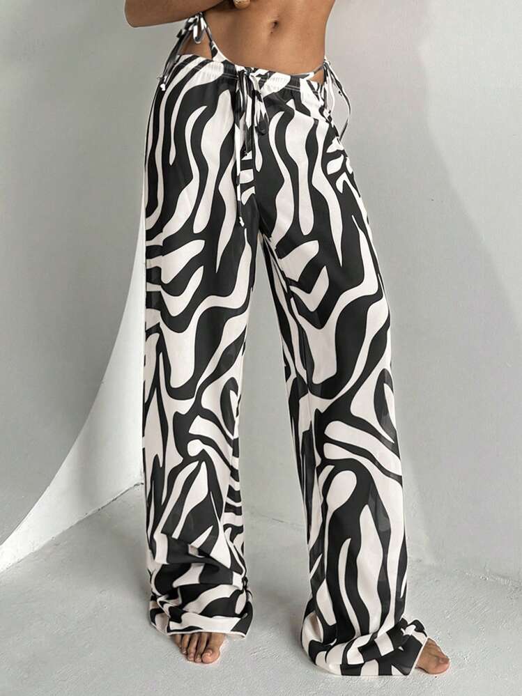 Aloruh Calça Pantalona de Cobertura de Praia de Cintura Baixa com Estampa de Zebra, Comprimento Total, Férias Femininas, Country Concert - Preto e Branco - Visão 1