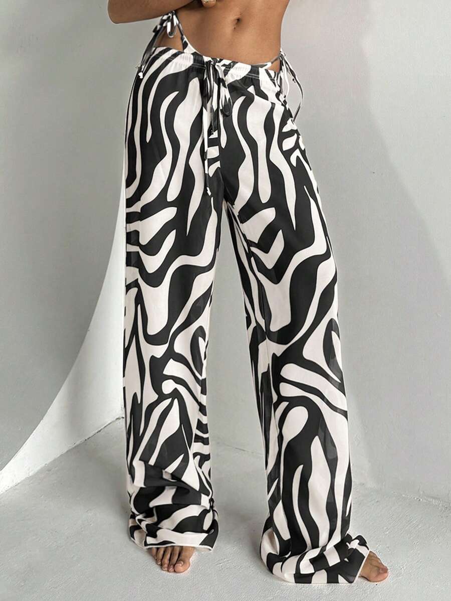 Aloruh 女士新品斑马纹低腰阔腿沙滩罩衫裤，全长长裤，女士度假，乡村音乐会 - 黑與白 - 查看 1