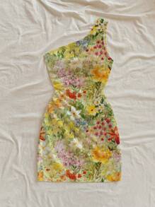 Soleia Vestido mini asimétrico sin mangas con estampado floral colorido para mujer