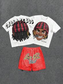 Manfinity ZONE917 Loose Fun Cartoon Character Washed Print T-Shirt Set - Multicolor - View 1