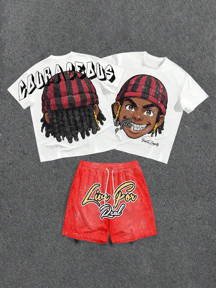 Manfinity ZONE917 Loose Fun Cartoon Character Washed Print T-Shirt Set - Multicolor - View 1