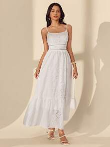 Almamuse Women's Elegant Embroidered Patchwork Midi Slip Dress