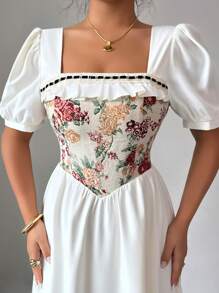 Elenzga Abito elegante da donna per vacanze, con volant sul fondo, di colore giallo crema, adatto anche per laurea - Beige - Visualizzare 3