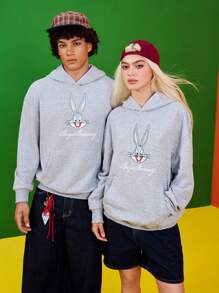 LOONEY TUNES X SHEIN Men's Casual American Style Cartoon Letter Print Hoodie, Suitable For Dating, Autumn/Winter - Grey - View 1