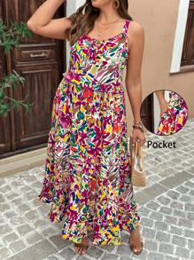 EMERY ROSE Große Größen Urlaub Lässiges All Over Print Kleid, Damen Hosenträger Mehrlagiges Rüschen Große Größen Kleid Rüschenbesatz, Taschenkleid, Sommerurlaub Helles Kleid