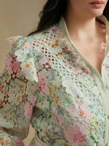 Anewsta Camicia elegante da donna per vacanze, collo alla coreana, stampa floreale in pizzo, manica lunga, con inserti in pizzo e volant sulla gonna, adatta per l'estate