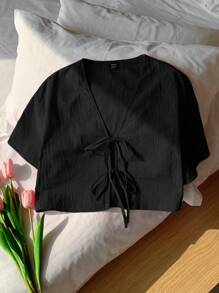 Comfortcana Plus Size Summer Casual Solid Color Front Tie Short Sleeve Shirt Crop Blouse Tie Up Top