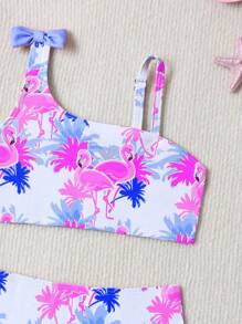 SHEIN Infant/Baby Girl2-Piece Swimsuit Set: Bowknot & Flamingo Print Sleeveless Top With Ruffle Trim & Triangle Print Bottoms