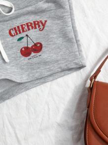 Comfortcana 夏季休闲樱桃图案抽绳腰修身短裤 - 淺灰色 - 查看 4