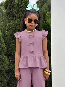 SHEIN Leap Crew Conjunto informal de 2 piezas para niñas preadolescentes de resort: Blusa con cuello redondo, textura tejida, volantes y lazo, y pantalones de pierna ancha - Rosa vieja - Ver 10