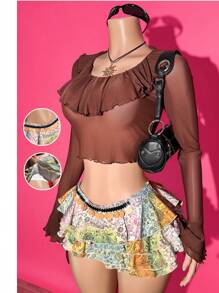 Slaydiva 2025 Xuân Hè Hàng Mới Về Phong Cách Bohemian Phục Sinh Phương Tây Du Mục Lễ Hội Âm Nhạc Sinh Nhật Tốt Nghiệp Hàng Ngày Thường Ngày Giải Trí Du Thuyền Kỳ Nghỉ Bãi Biển Thời Trang Họa Tiết Lá Xếp Tầng Viền Xếp Nếp Mini Váy Ngắn - A - Nhiều màu - Xem 1