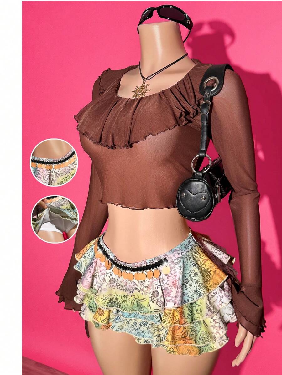 Slaydiva 2025 Xuân Hè Hàng Mới Về Phong Cách Bohemian Phục Sinh Phương Tây Du Mục Lễ Hội Âm Nhạc Sinh Nhật Tốt Nghiệp Hàng Ngày Thường Ngày Giải Trí Du Thuyền Kỳ Nghỉ Bãi Biển Thời Trang Họa Tiết Lá Xếp Tầng Viền Xếp Nếp Mini Váy Ngắn - A - Nhiều màu - Xem 1