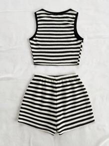 Soleia 2 件套女士度假红白针织纹理提花抹胸上衣，配蝴蝶结和松紧腰短裤 - 黑與白 - 查看 2