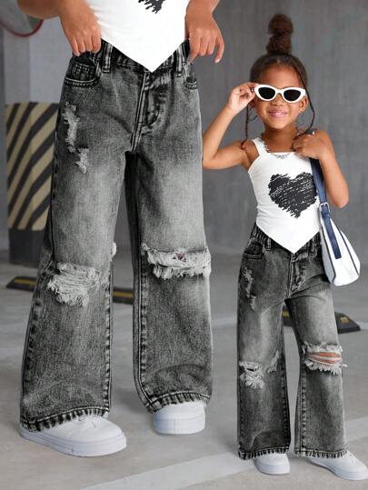 SHEIN 女童休闲百搭破洞直筒牛仔裤