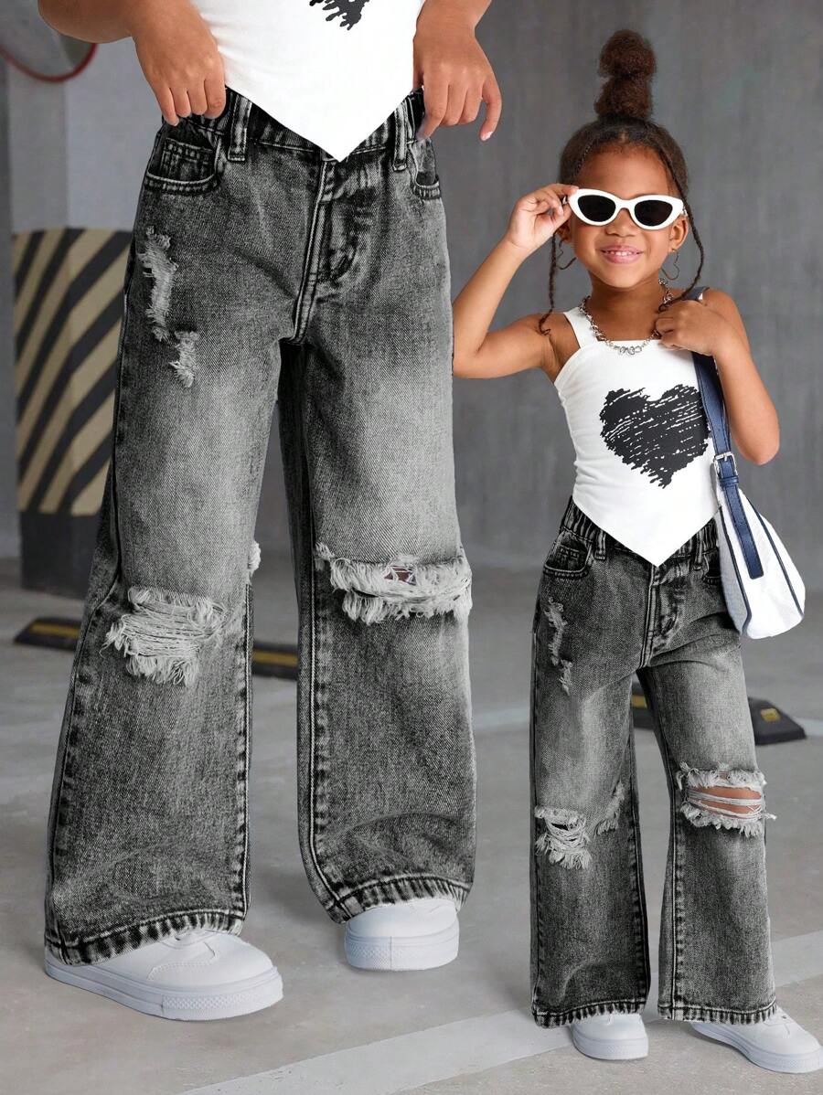 SHEIN 少女 2025 秋冬新款寬鬆 Y2K 破洞牛仔褲 復古深灰色黑色百搭街頭風時尚牛仔褲 附口袋 破洞直筒牛仔褲 休閒百搭水洗直筒牛仔褲 女孩破洞牛仔褲 女孩寬腿牛仔褲 寬鬆牛仔褲 少女牛仔褲 女孩水洗牛仔褲 校園大學風 - 淺灰色 - 查看 1